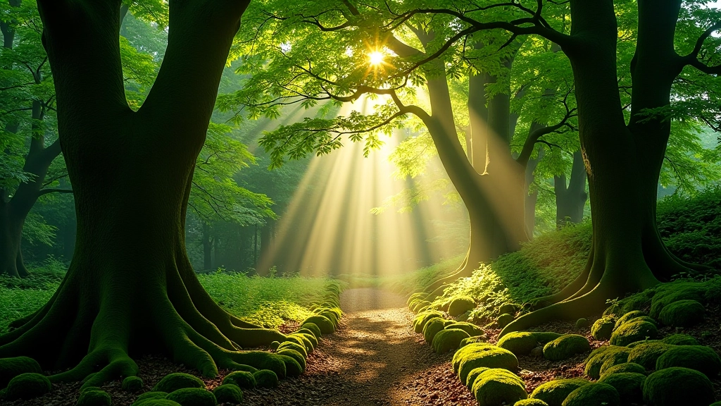 Dense forest canopy with dappled sunlight filtering through leaves and moss-covered trees