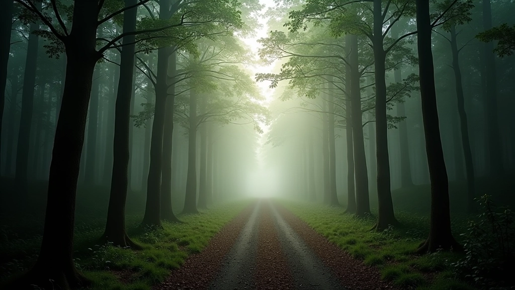 Misty forest path with tall trees creating a peaceful canopy in a lush woodland setting