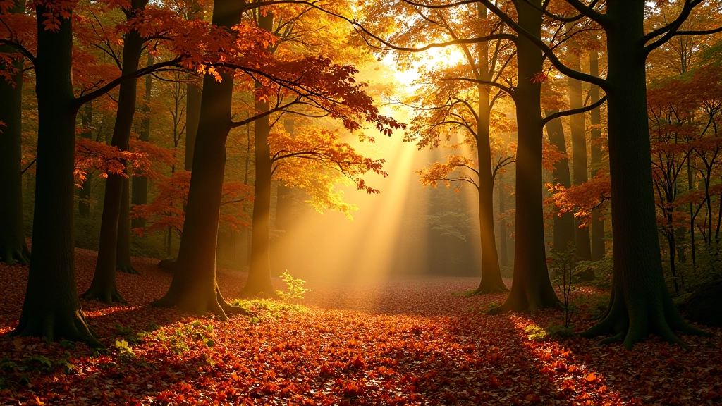 Autumn forest scene with golden light filtering through colorful trees and fallen leaves on the ground