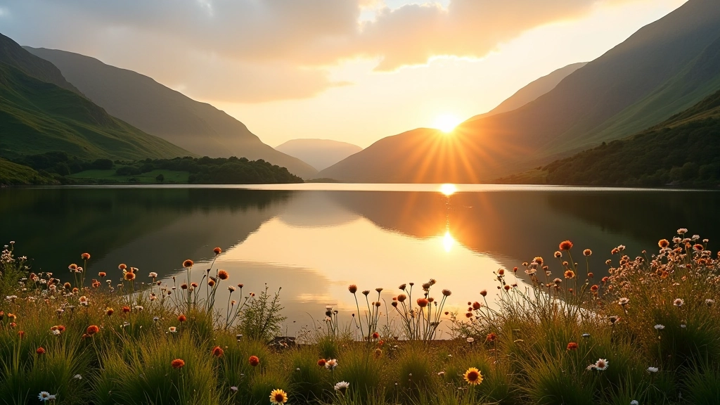 Scenic view of a pristine Irish lake surrounded by green mountains and wildflowers during golden hour