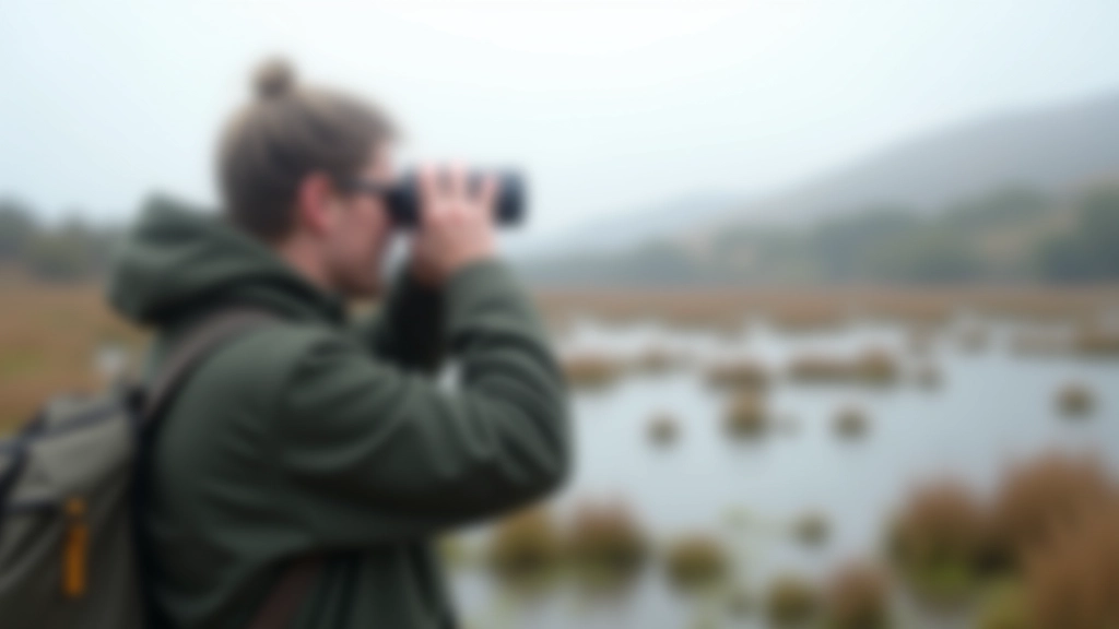 Bird enthusiast with binoculars observing waterfowl at a wetland area with natural habitat
