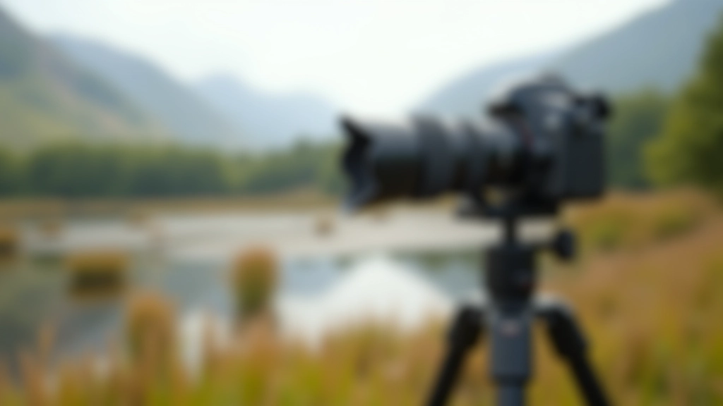 Telephoto lens and camera equipment set up on tripod overlooking wetland habitat
