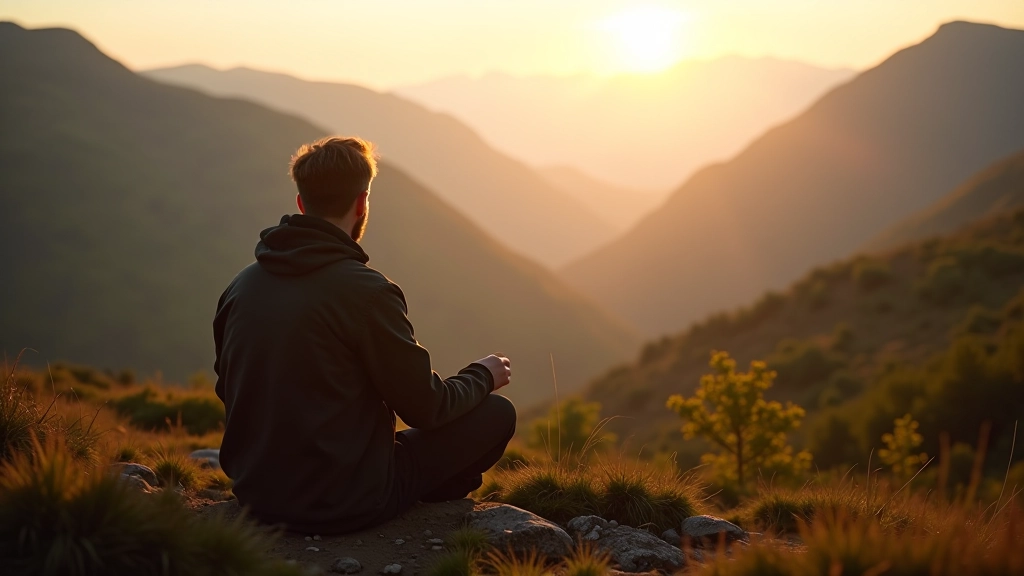 Person sitting at campsite overlooking Irish mountain landscape during sunrise with mist in valleys