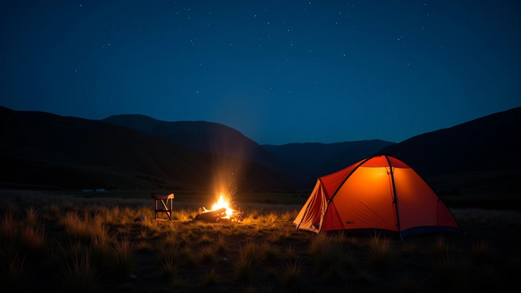 Tent camping under starlit night sky with campfire glow in wild countryside