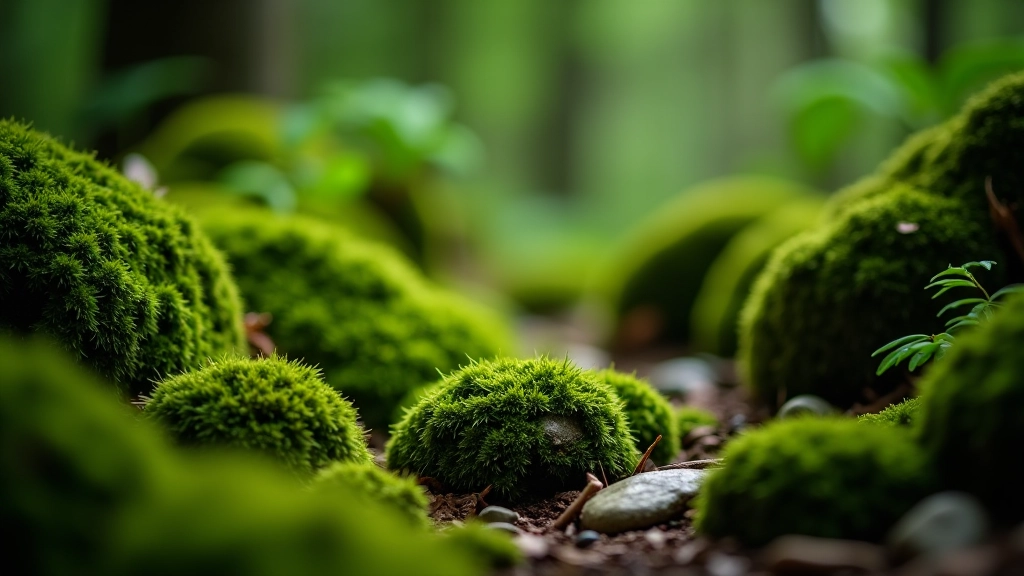 Close-up of moss-covered rocks and ferns on the forest floor with natural woodland textures