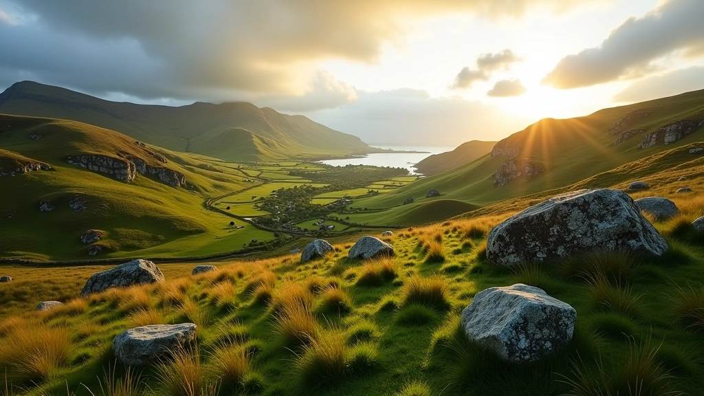 Scenic Irish landscape with green rolling hills and rocky terrain suitable for wild camping
