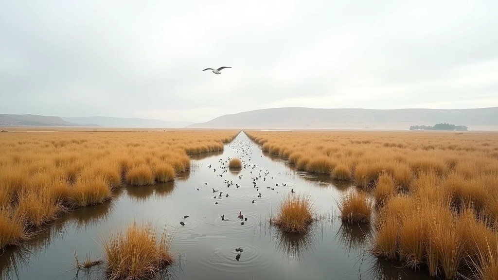 Wetland landscape with reed beds, water channels, and migratory bird habitat at Wexford Slobs