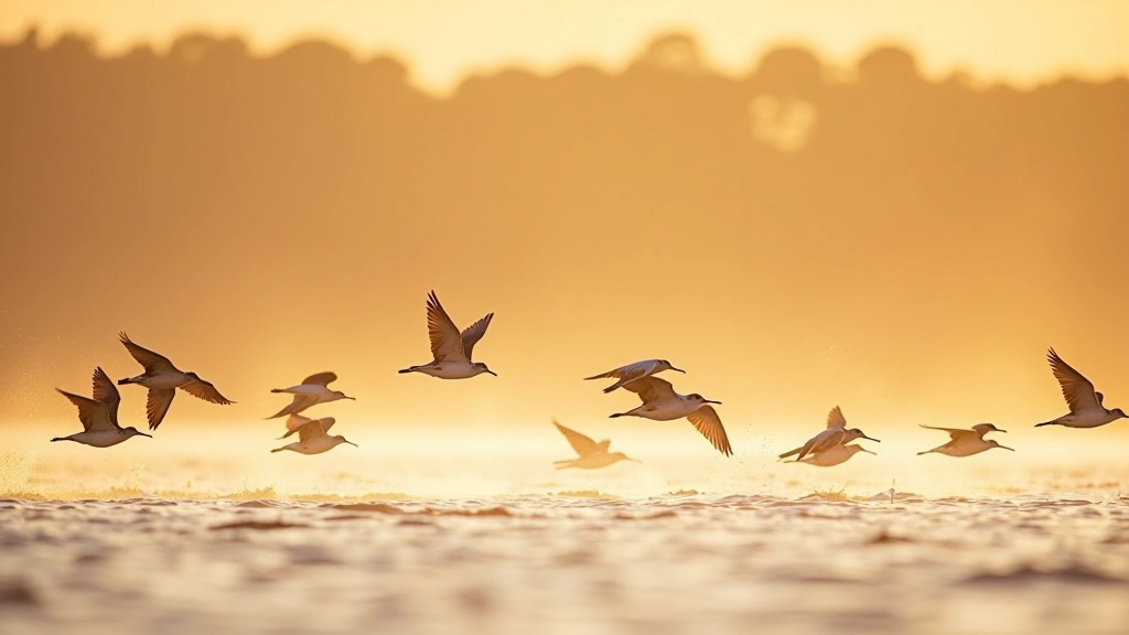 Flock of migratory shorebirds taking flight over wetland with golden late afternoon light
