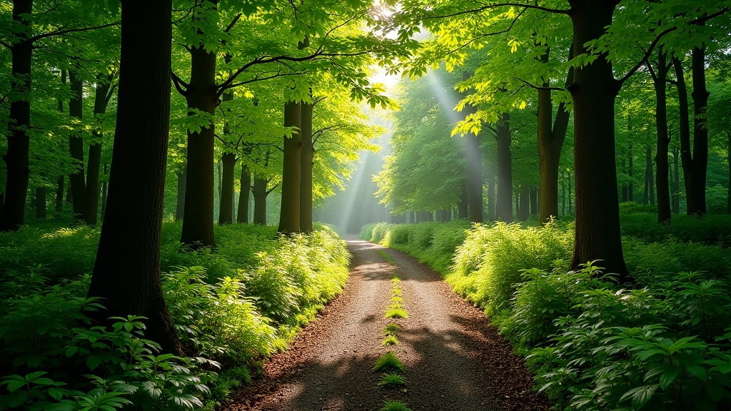 Serene forest path in Ireland with natural lighting and woodland setting