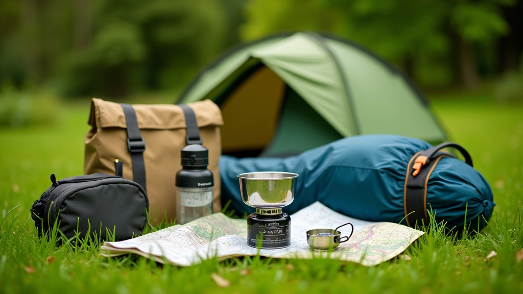 Organized camping gear laid out neatly including tent, sleeping bag, stove, and navigation tools on grass