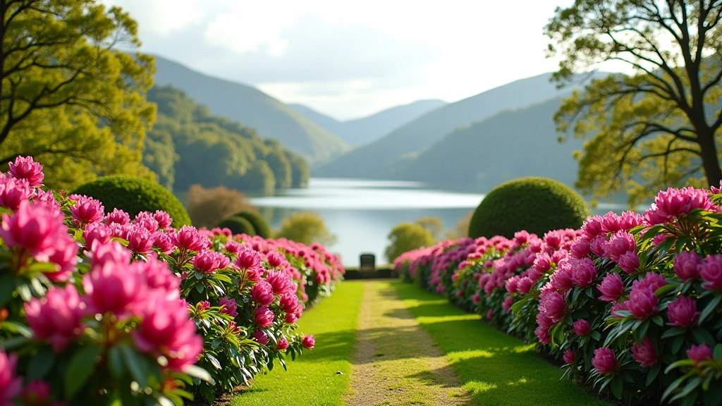 Lush green gardens with flowering rhododendrons overlooking calm lake waters, Victorian-style landscaping, spring season