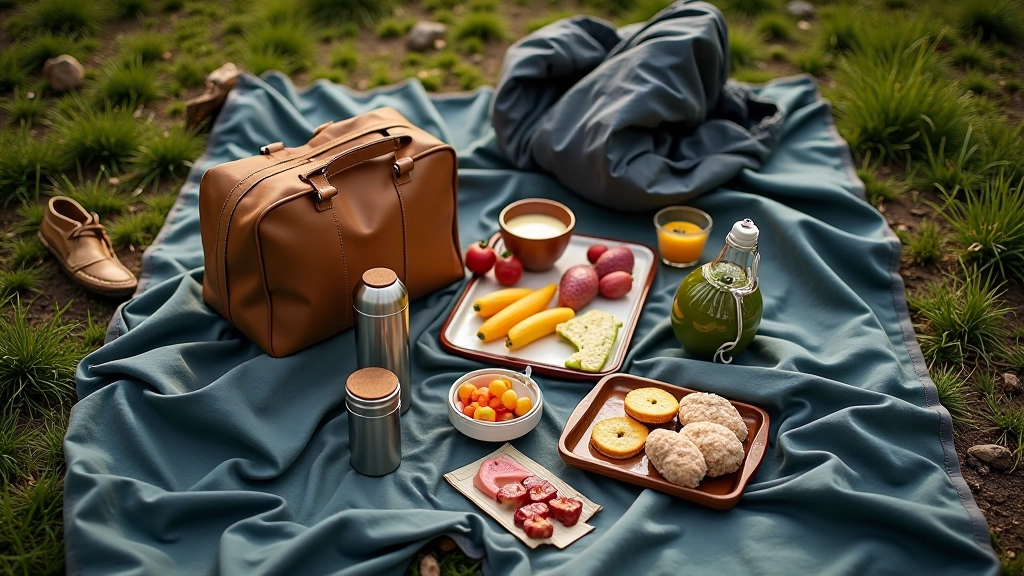 Overhead view of picnic essentials laid out on plaid blanket: thermos, packed sandwiches, fresh fruit, water bottle, and jacket