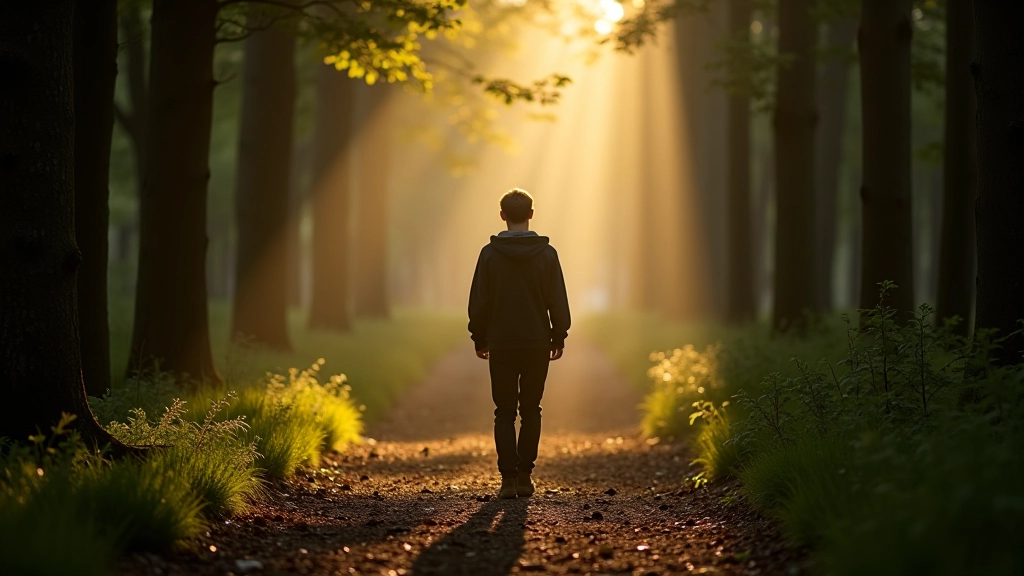 Person walking slowly on a forest trail surrounded by tall trees and green foliage in morning light