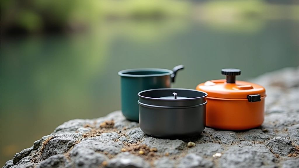 Camping stove and minimal camping gear arranged on a clean rock surface in natural lighting