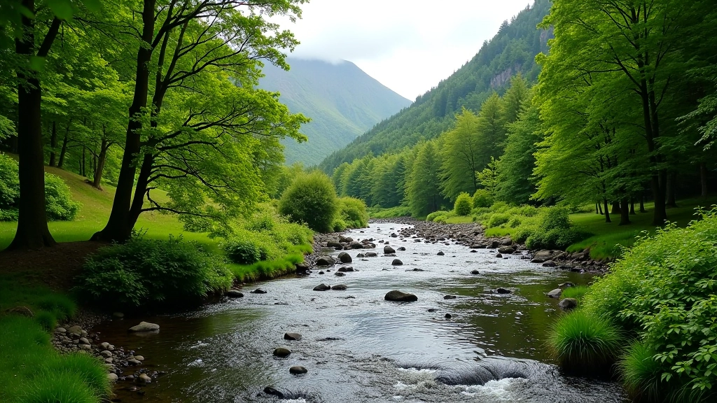 Stream flowing through a forested valley with moss-covered banks and natural woodland landscape