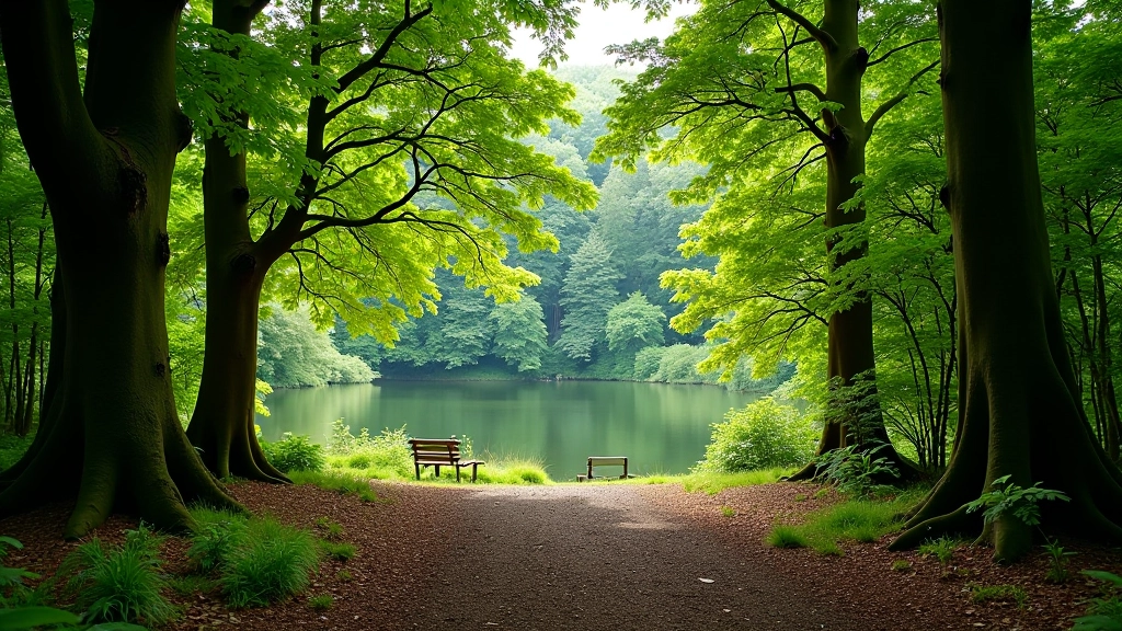 Quiet forest clearing near a pristine Irish lake, mature trees providing natural shade, peaceful solitude, golden hour lighting
