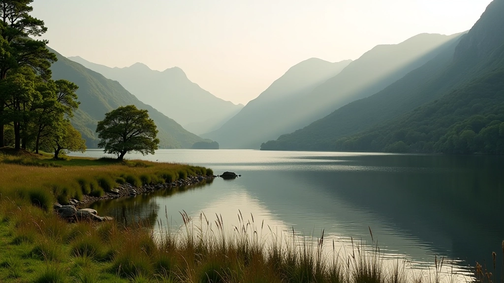 Mountain lake in Killarney National Park with grassy shoreline and distant peaks