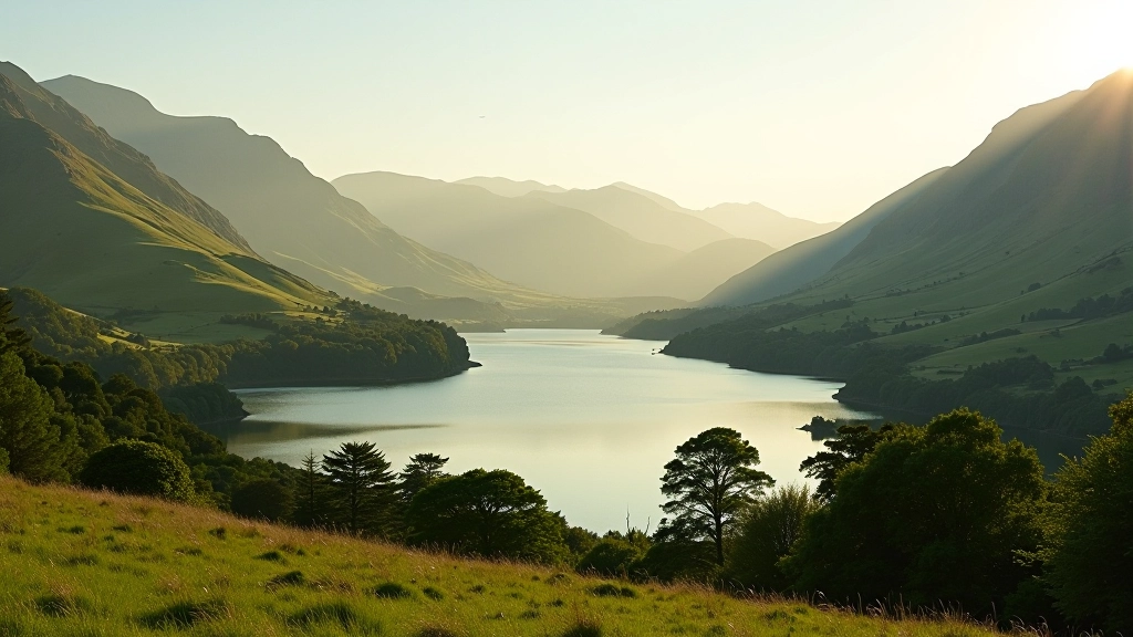 Beautiful Irish nature landscape with green hills and serene water