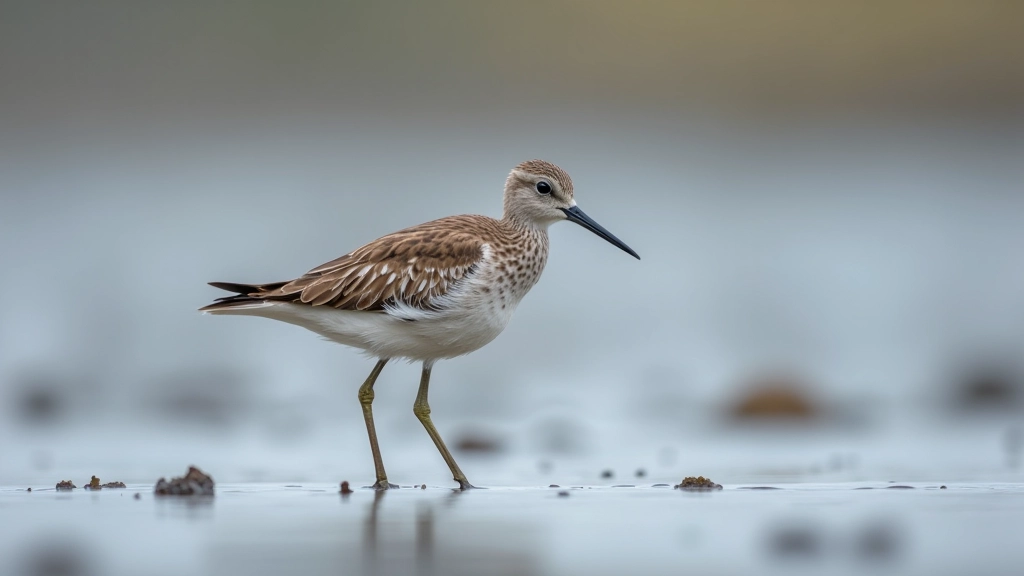 Close-up view of a wading bird with distinctive markings standing on shallow mudflats at wetland area