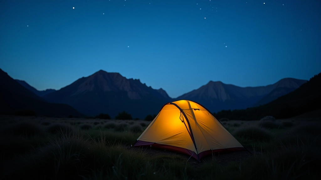 Tent camping in natural landscape with mountains and forest surroundings